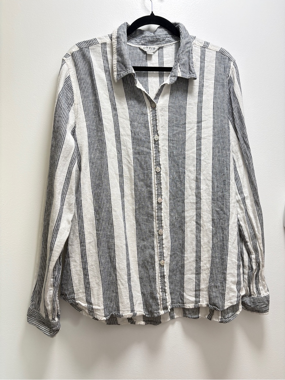 Orvis White and Black Vertical Stripe Button-Down Shirt - Linen blend